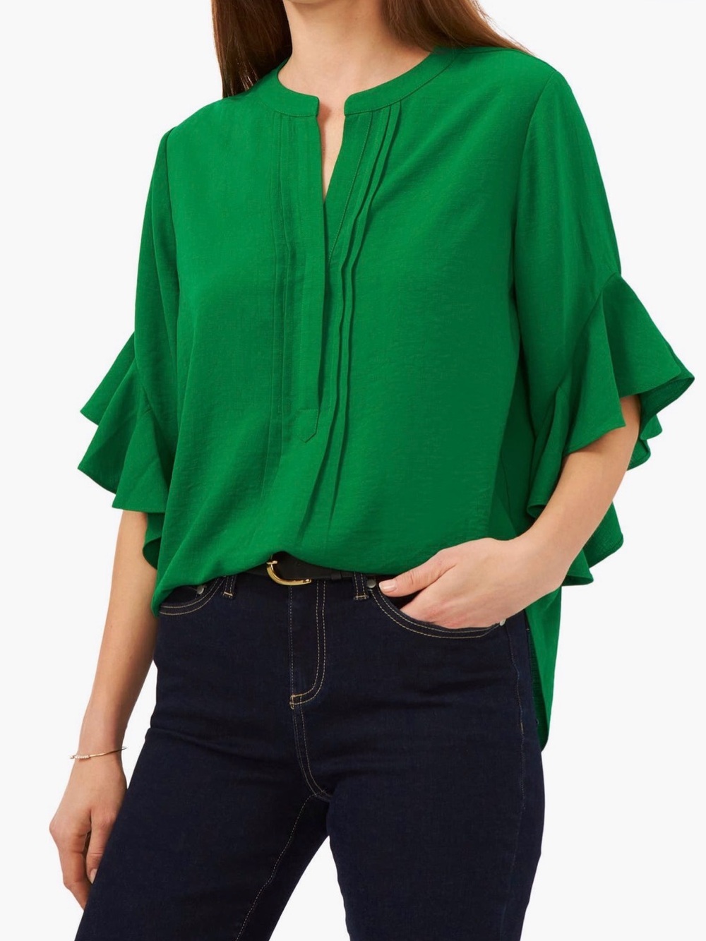 Vince Camuto Emerald Green Ruffle-Sleeve Split-Neck Blouse